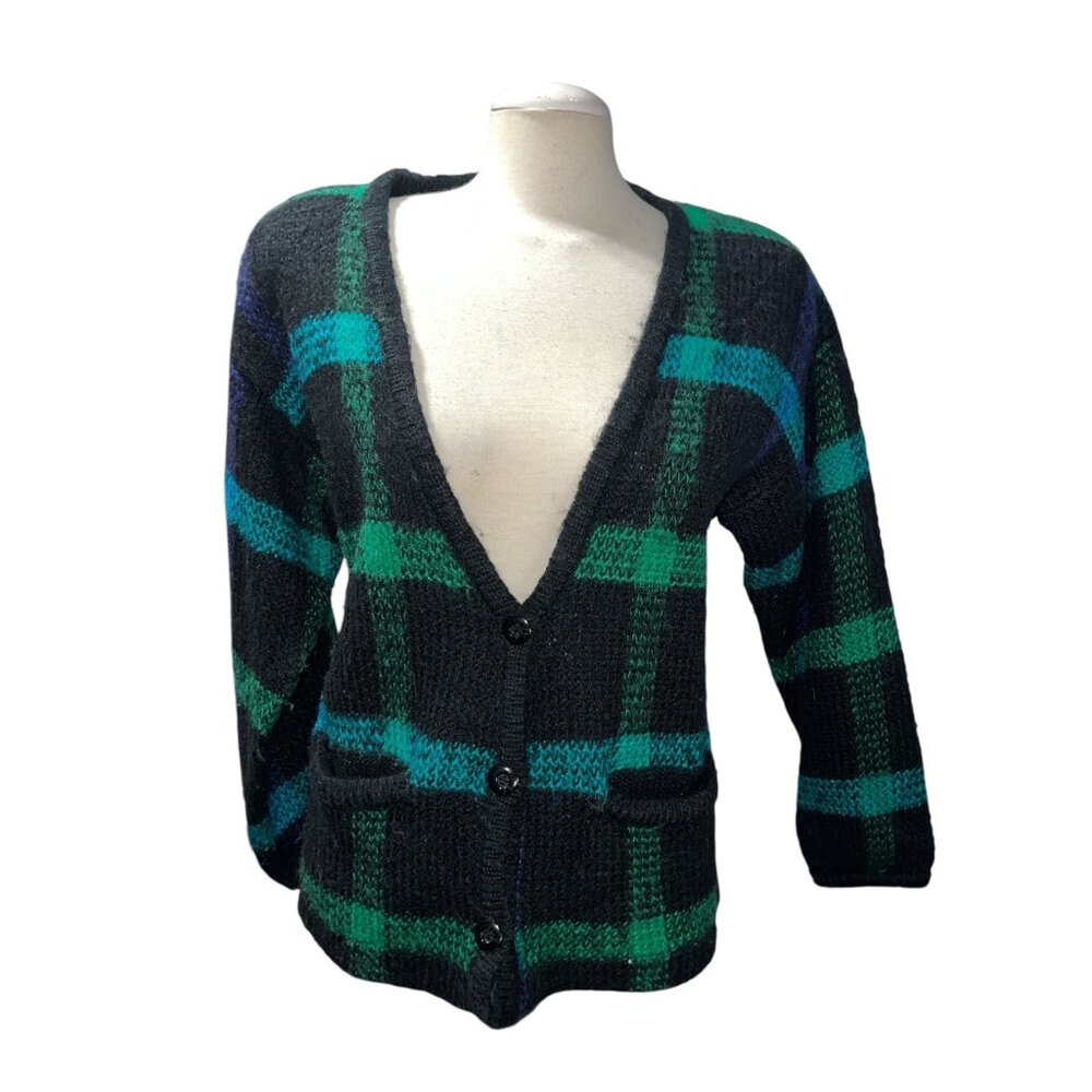 Vintage TJW By Mervyns Black & Green Plaid Knit Cardigan Sweater Size Large Pock